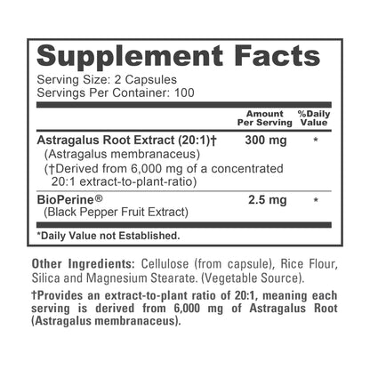 NusaPure Astragalus 20:1 Extract - 6,000mg per Serving, 200 Veggie Capsules, Non-GMO & Bioperine