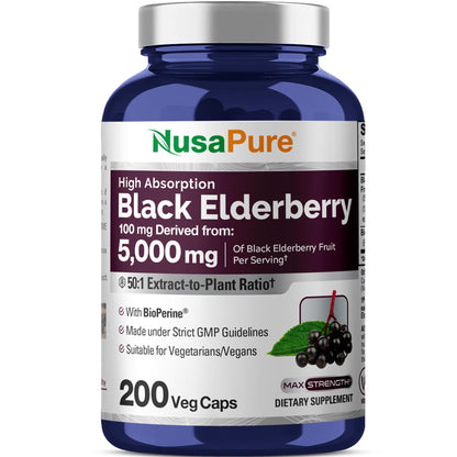 NusaPure Black Elderberry 50:1 Extract – 100 mg per Capsule, 5,000 mg Fruit Equiv, 200 Vegan Capsules