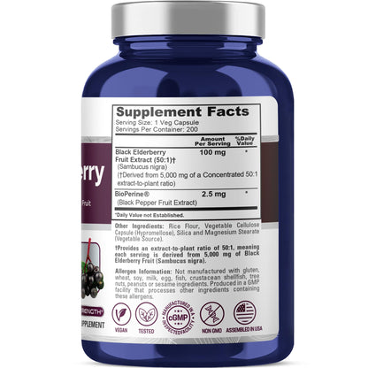 NusaPure Black Elderberry 50:1 Extract – 100 mg per Capsule, 5,000 mg Fruit Equiv, 200 Vegan Capsules