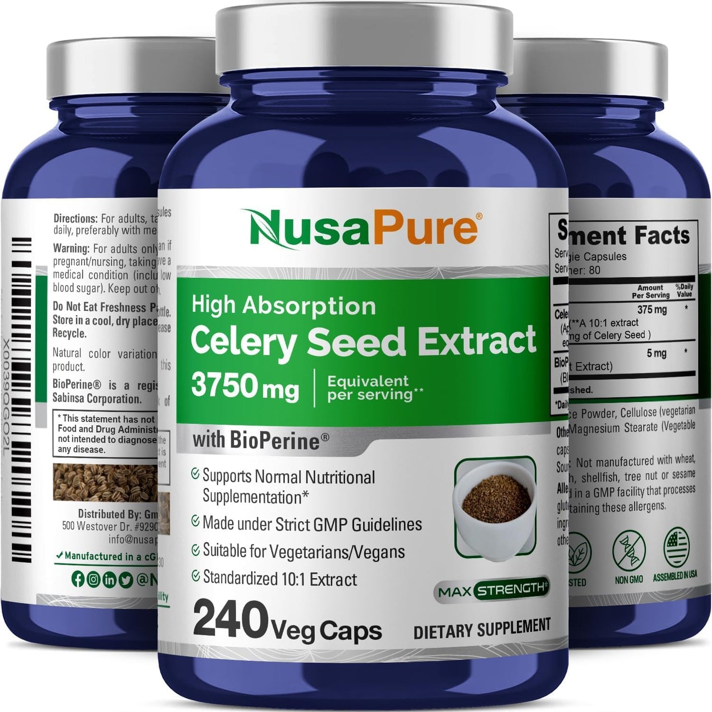NusaPure Celery Seed Capsules 10:1 Extract – 375 mg (3750 mg eq), 240 Veggie Caps, Non-GMO, Vegan