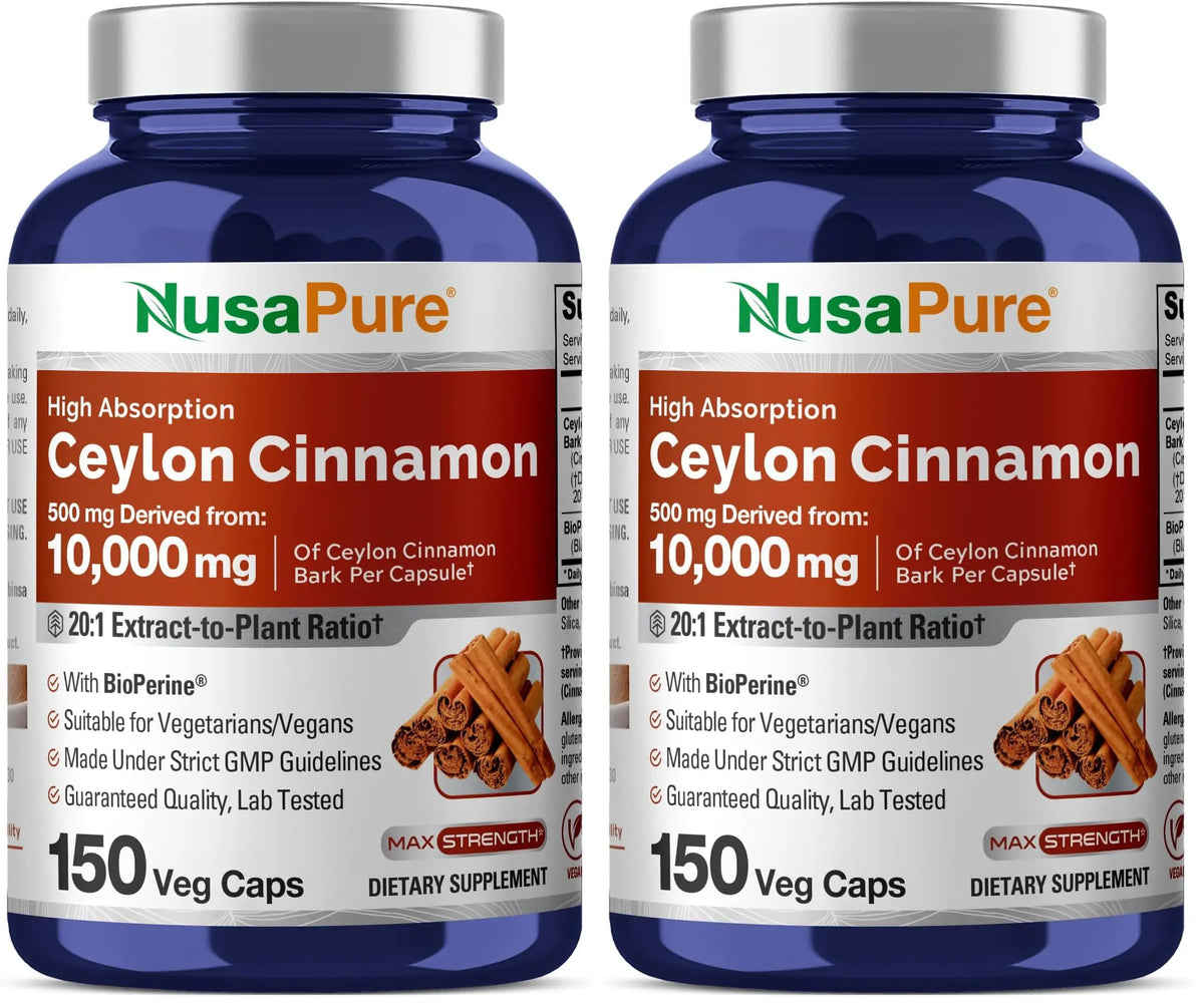 NusaPure Ceylon Cinnamon 20:1 Extract — 500 mg per Capsule | 150 Veggie Caps | Pack of 2 BritishVita | Premium UK Vitamins & Wellness Supplements