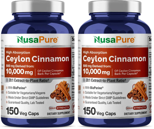 NusaPure Ceylon Cinnamon 20:1 Extract — 500 mg per Capsule | 150 Veggie Caps | Pack of 2 BritishVita | Premium UK Vitamins & Wellness Supplements