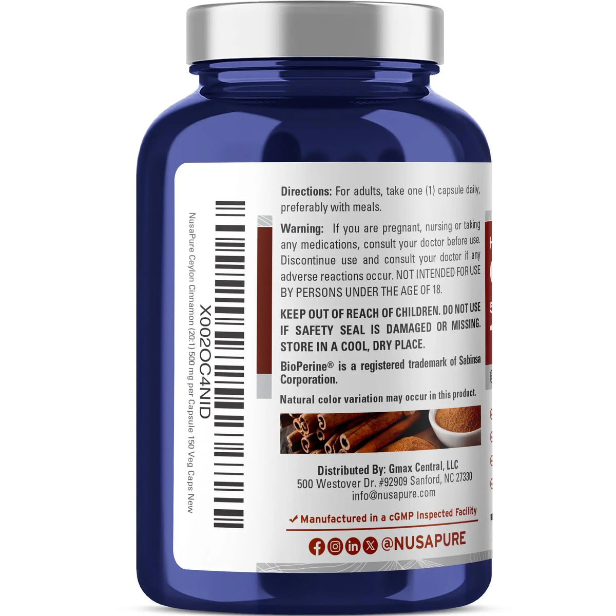 NusaPure Ceylon Cinnamon 20:1 Extract — 500 mg per Capsule | 150 Veggie Caps | Pack of 2 BritishVita | Premium UK Vitamins & Wellness Supplements