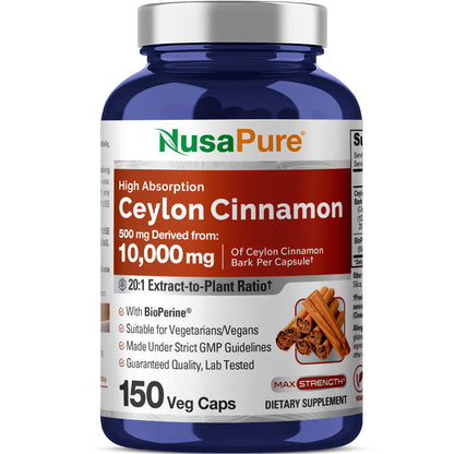 NusaPure Ceylon Cinnamon 20:1 Extract – 500 mg per Capsule, 150 Veggie Caps | Bioperine