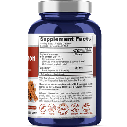 NusaPure Ceylon Cinnamon 20:1 Extract – 500 mg per Capsule, 150 Veggie Caps | Bioperine