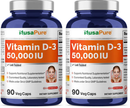 NusaPure Vitamin D3 50,000 IU - 90 Veggie Capsules (Pack of 2) | Non-GMO, Vegan