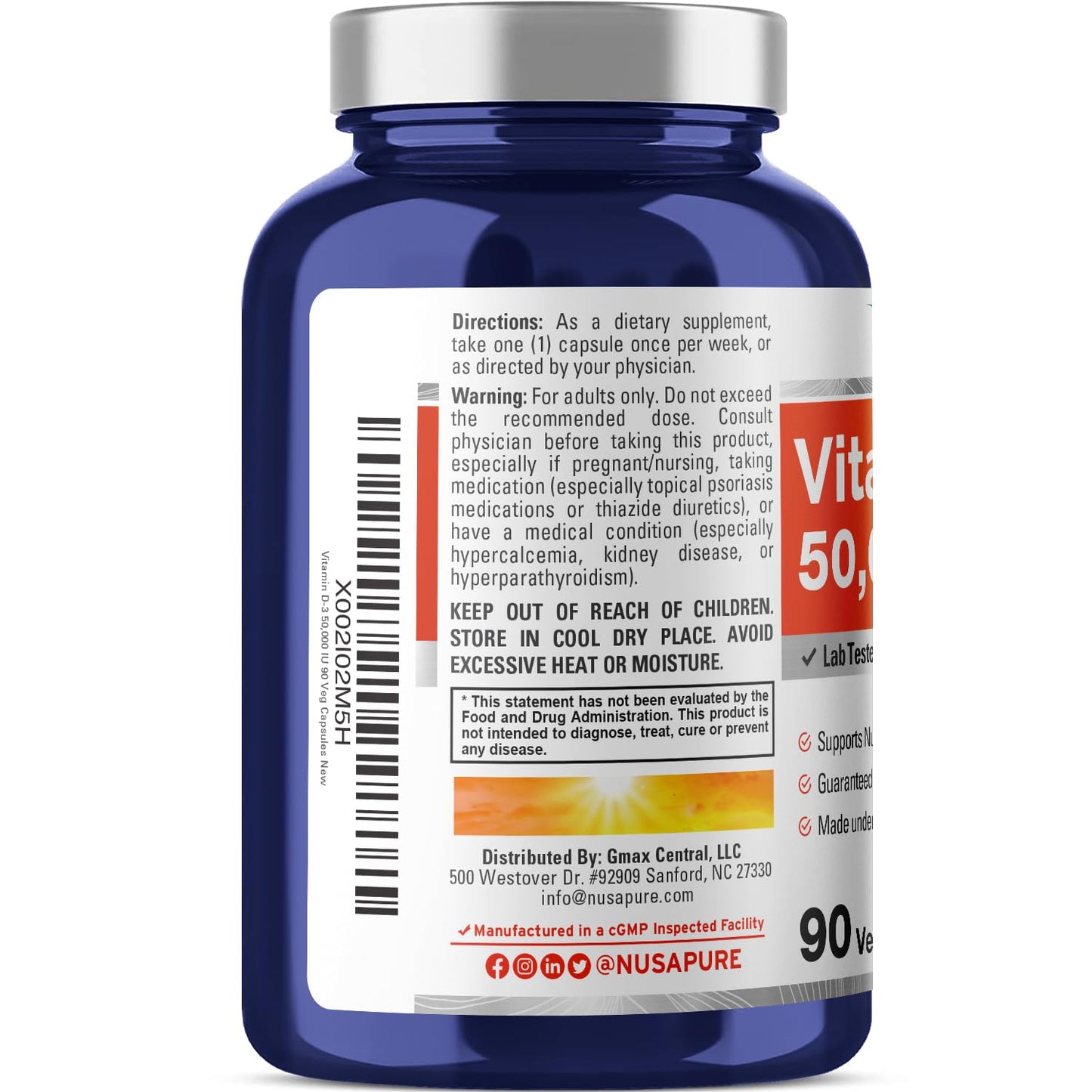 NusaPure Vitamin D3 50,000 IU - 90 Veggie Capsules (Pack of 2) | Non-GMO, Vegan