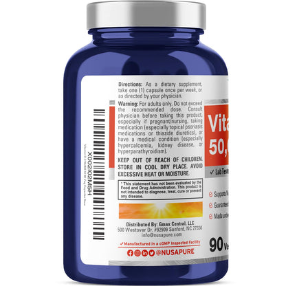NusaPure Vitamin D3 50,000 IU - 90 Veggie Capsules (Pack of 2) | Non-GMO, Vegan