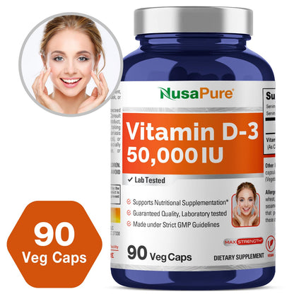 NusaPure Vitamin D3 50,000 IU - 90 Veggie Capsules (Pack of 2) | Non-GMO, Vegan