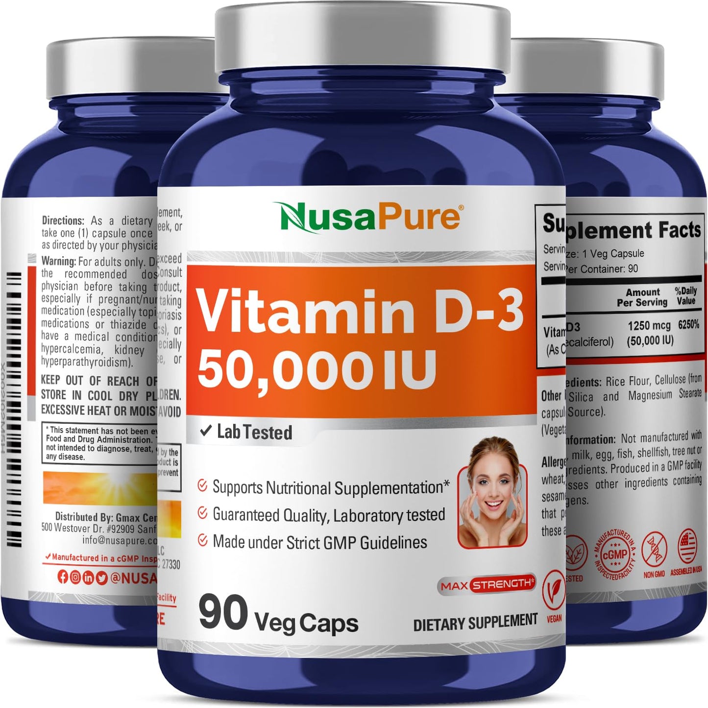NusaPure Vitamin D3 50,000 IU - 90 Veggie Capsules (Pack of 2) | Non-GMO, Vegan