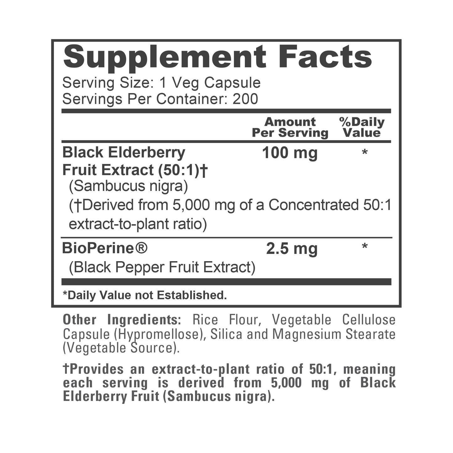 NusaPure Black Elderberry 50:1 Extract – 100 mg per Capsule, 5,000 mg Fruit Equiv, 200 Vegan Capsules