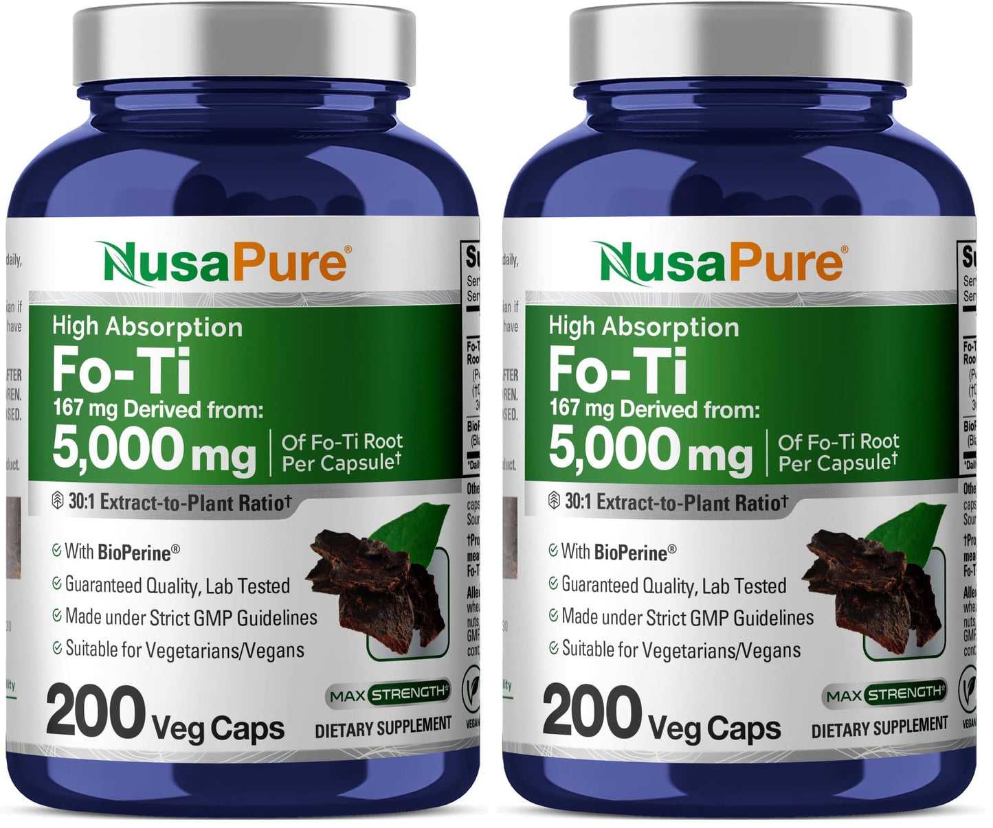 NusaPure Fo-Ti 30:1 Extract – 167 mg per Veg Cap (5000 mg), 200 Caps, Non-GMO, Vegan, Bioperine | Pack of 2