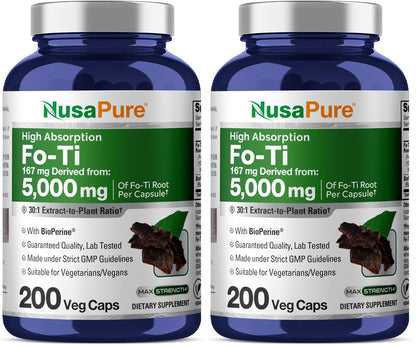 NusaPure Fo-Ti 30:1 Extract – 167 mg per Veg Cap (5000 mg), 200 Caps, Non-GMO, Vegan, Bioperine | Pack of 2