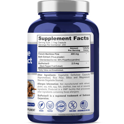 NusaPure French Maritime Pine Bark Extract 400mg – 200-Day Vegan Capsules