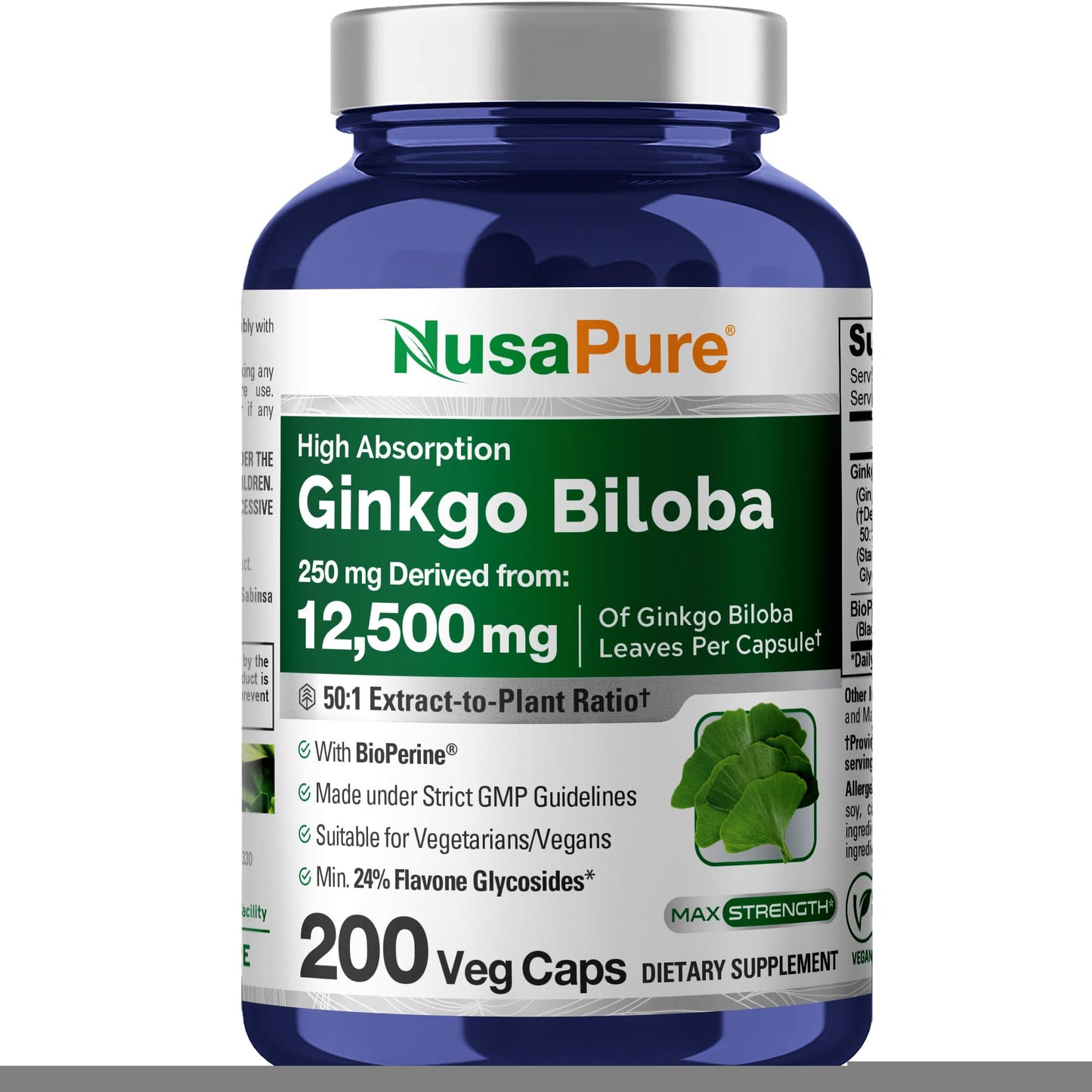 NusaPure Ginkgo Biloba 50:1 Extract 250 mg per Capsule | 12,500 mg Equivalent | 200 Veggie Caps | Bioperine