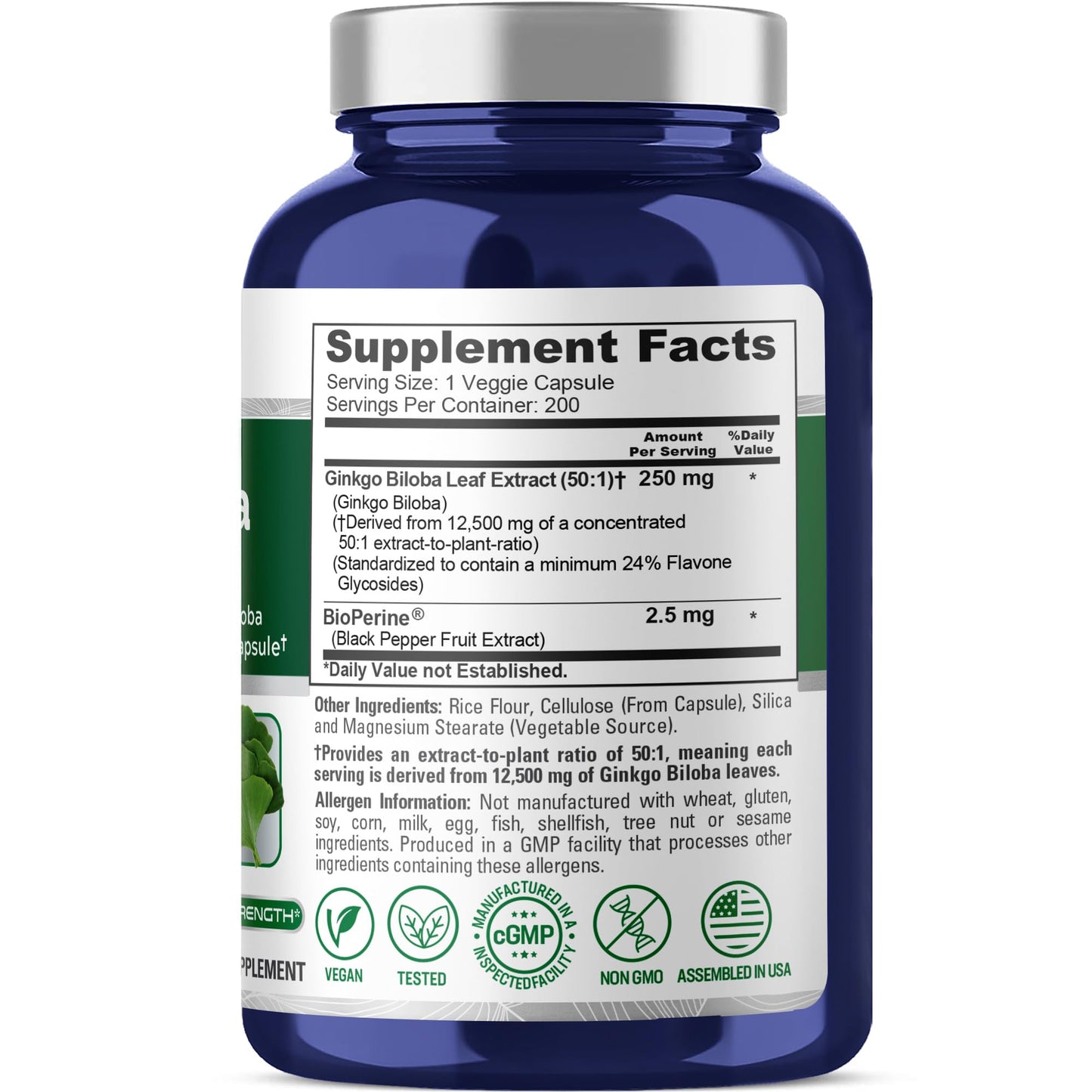 NusaPure Ginkgo Biloba 50:1 Extract 250 mg per Capsule | 12,500 mg Equivalent | 200 Veggie Caps | Bioperine