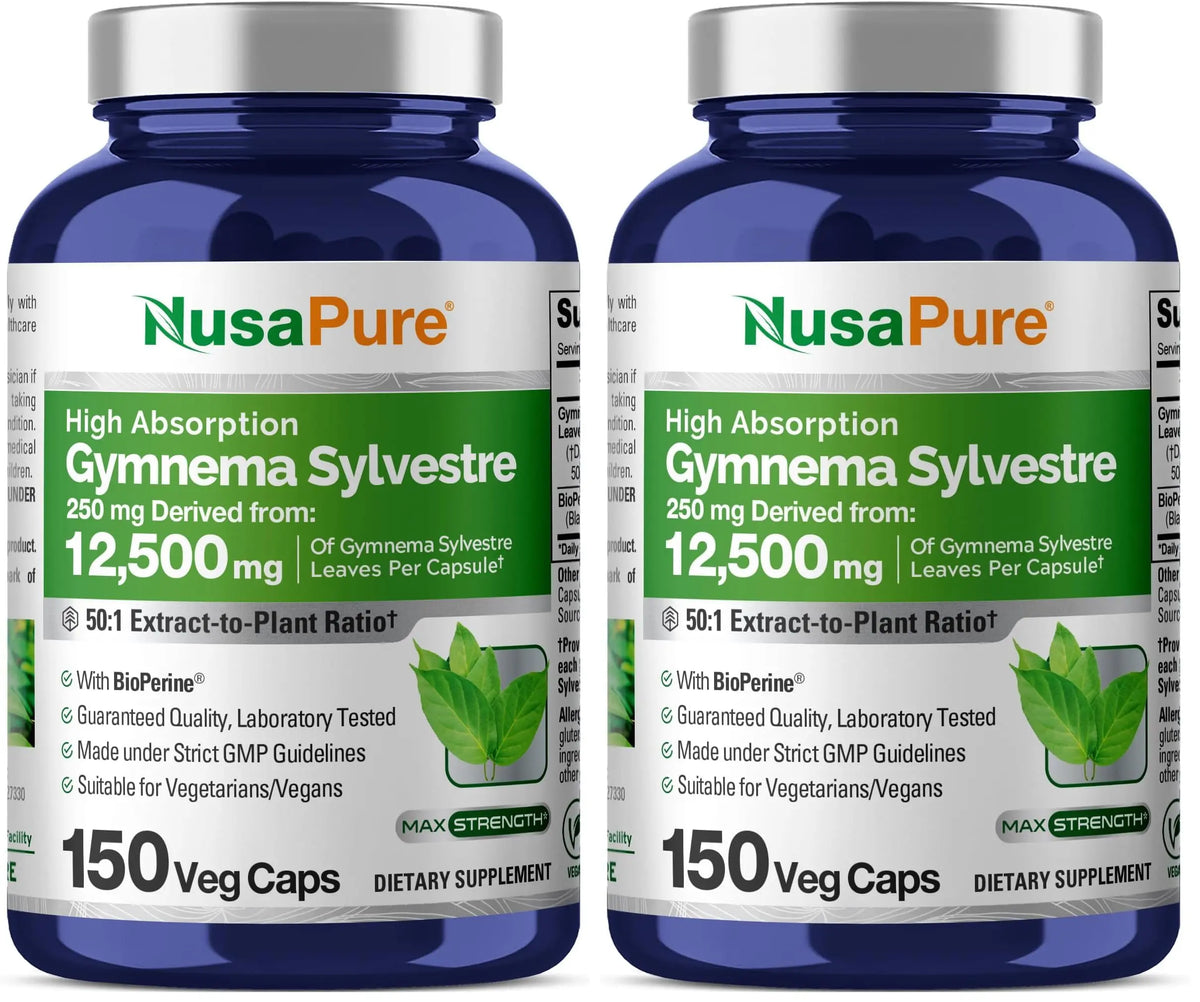 NusaPure Gymnema Sylvestre 50:1 Extract - 12,500 mg per Capsule, 150 Vegan Caps (Pack of 2) - Bioperine BritishVita | Premium UK Vitamins & Wellness Supplements