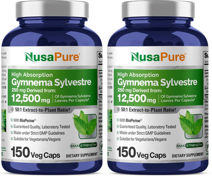 NusaPure Gymnema Sylvestre 50:1 Extract - 12,500 mg per Capsule, 150 Vegan Caps (Pack of 2) - Bioperine BritishVita | Premium UK Vitamins & Wellness Supplements