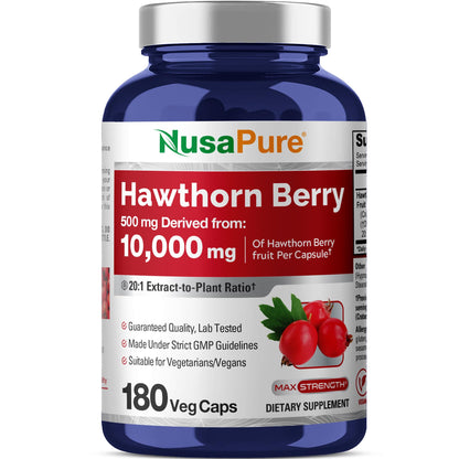 NusaPure Hawthorn Berry 20:1 Extract – 500 mg per Capsule, 180 Veg Caps