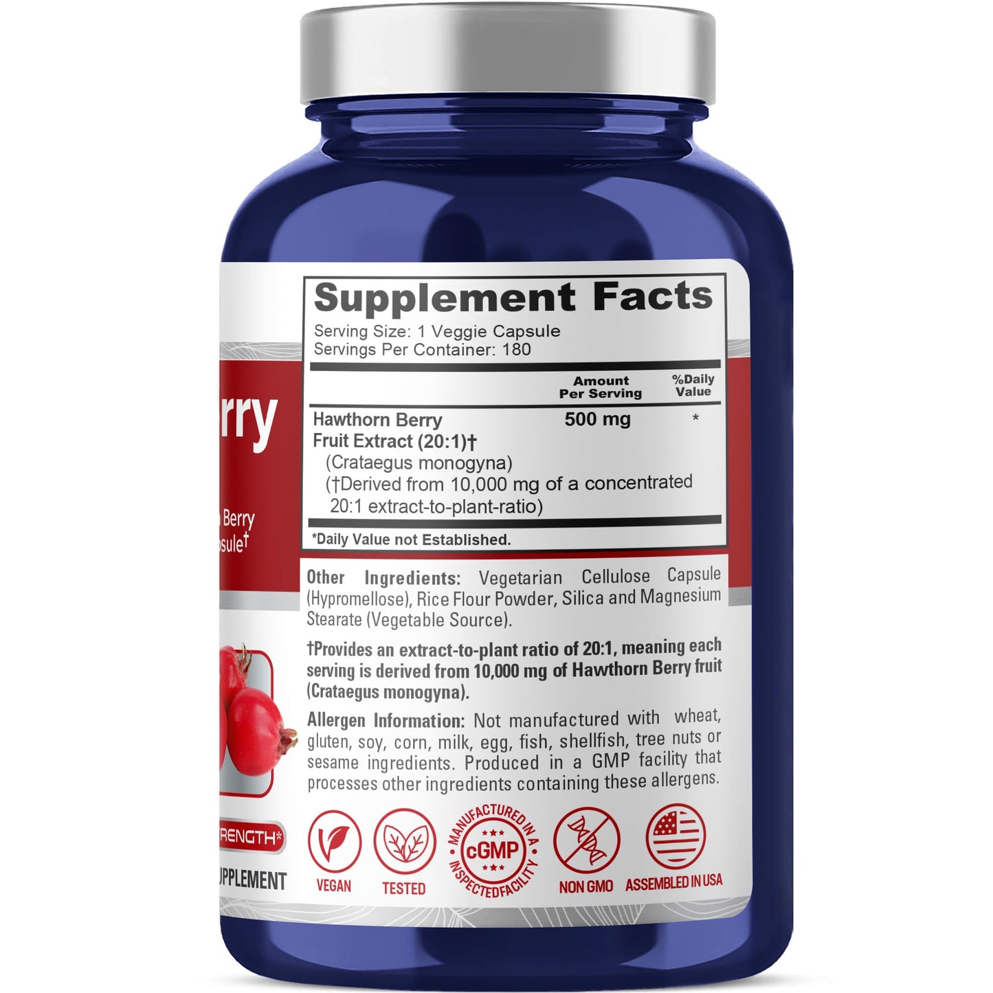 NusaPure Hawthorn Berry 20:1 Extract – 500 mg per Capsule, 180 Veg Caps
