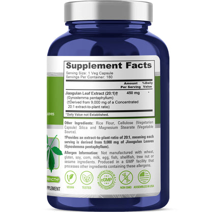NusaPure Jiaogulan 20:1 Extract - 450 mg per Capsule, 180 Veggie Capsules (Vegan, Non-GMO)