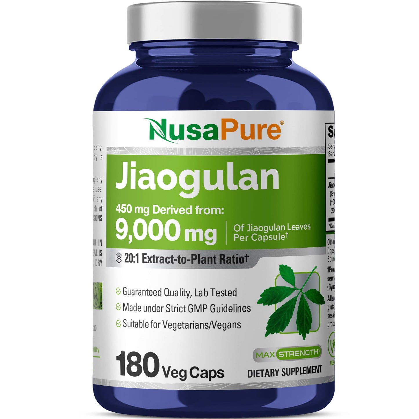 NusaPure Jiaogulan 20:1 Extract - 450 mg per Capsule, 180 Veggie Capsules (Vegan, Non-GMO)