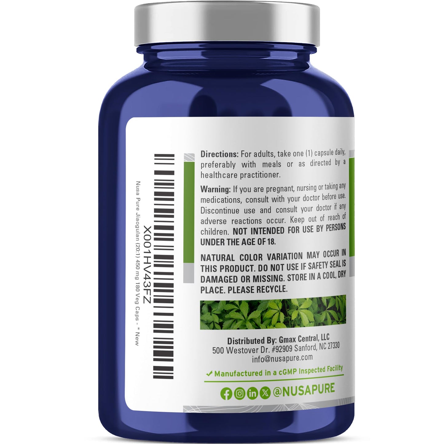 NusaPure Jiaogulan 20:1 Extract - 450 mg per Capsule, 180 Veggie Capsules (Vegan, Non-GMO)