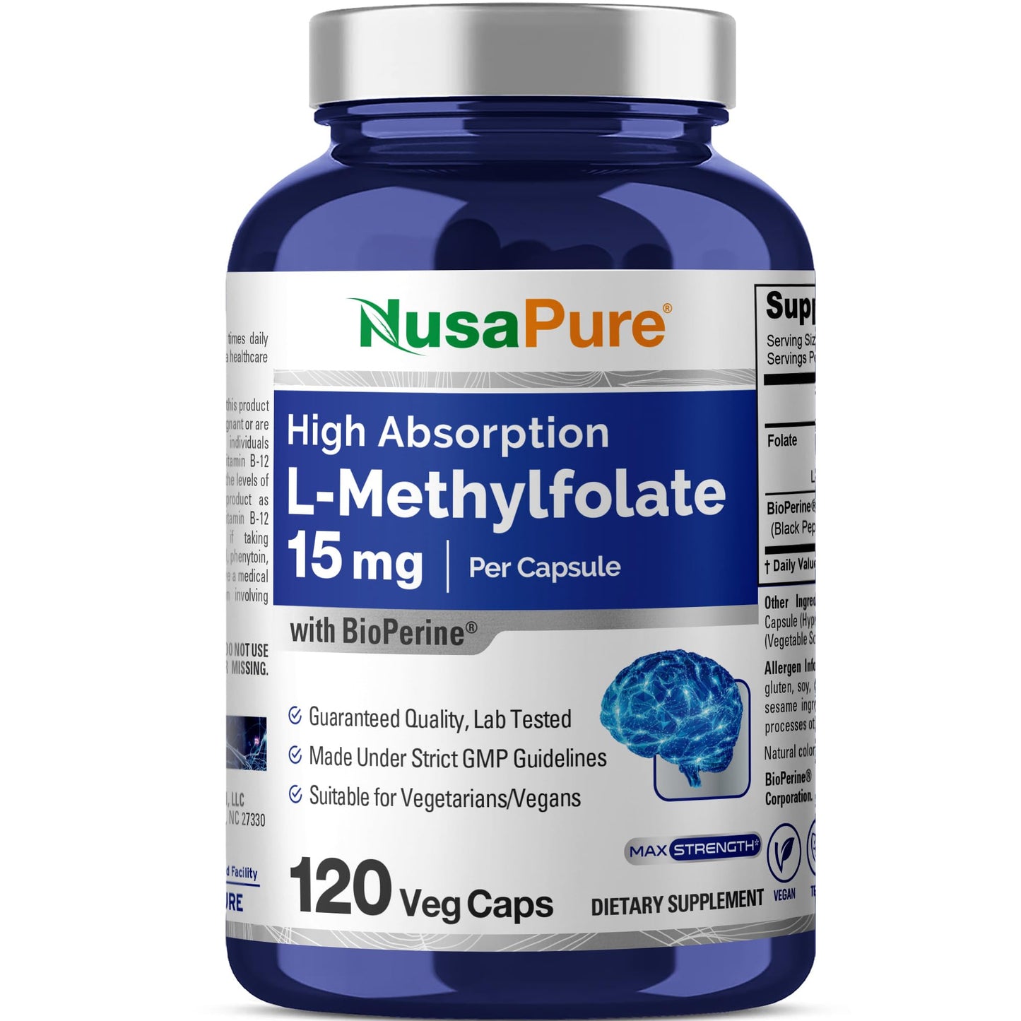 NusaPure L-Methylfolate 15mg | 120 Veggie Capsules with Bioperine