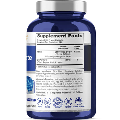 NusaPure L-Methylfolate 15mg | 120 Veggie Capsules with Bioperine