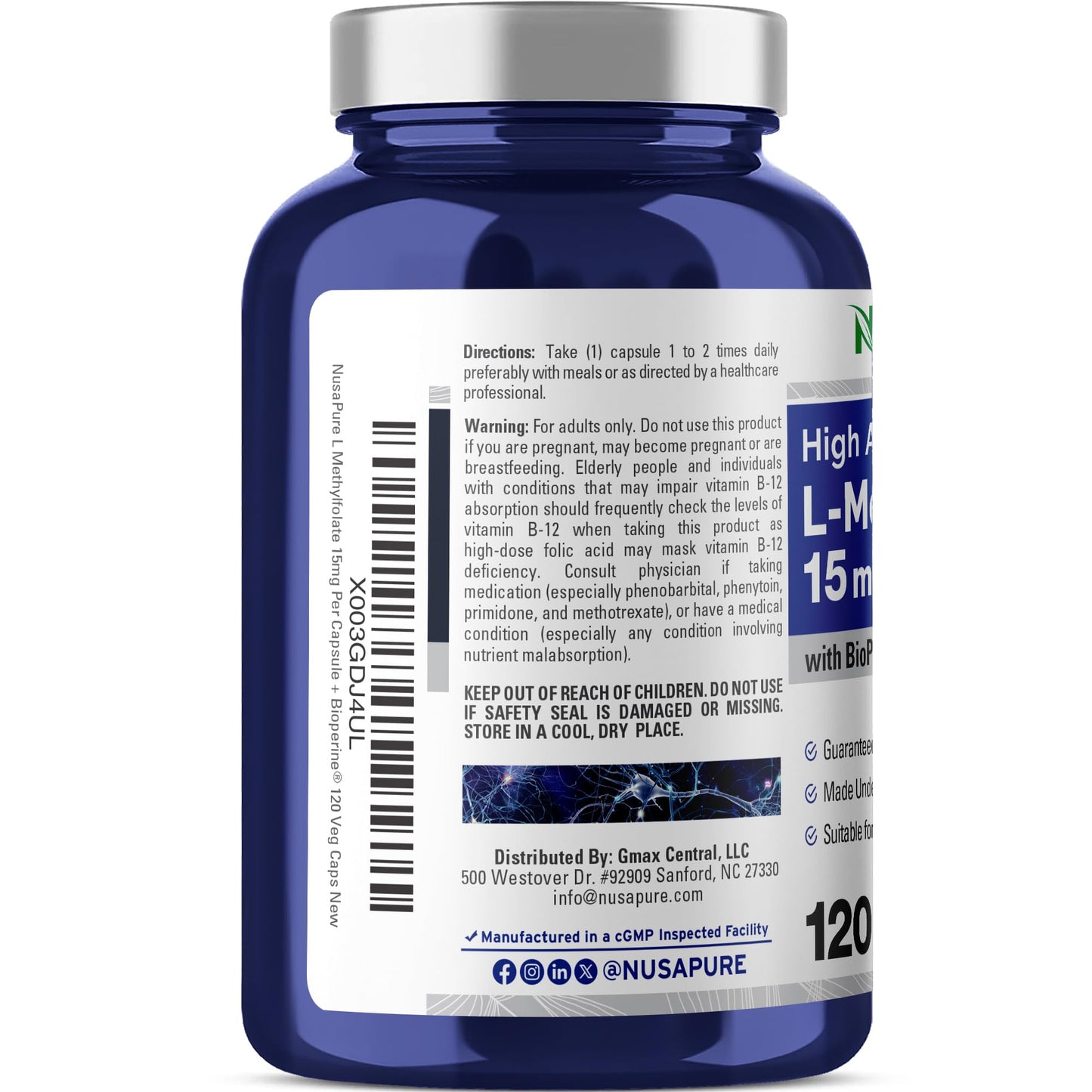 NusaPure L-Methylfolate 15mg | 120 Veggie Capsules with Bioperine