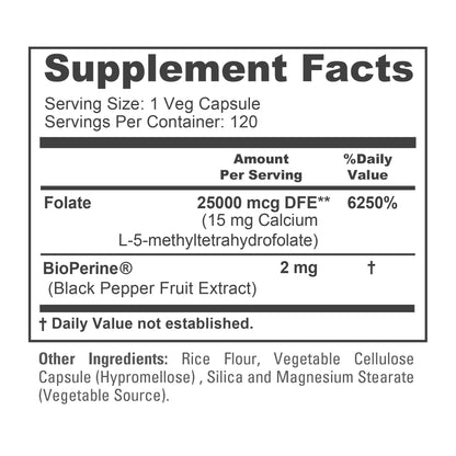 NusaPure L-Methylfolate 15mg | 120 Veggie Capsules with Bioperine