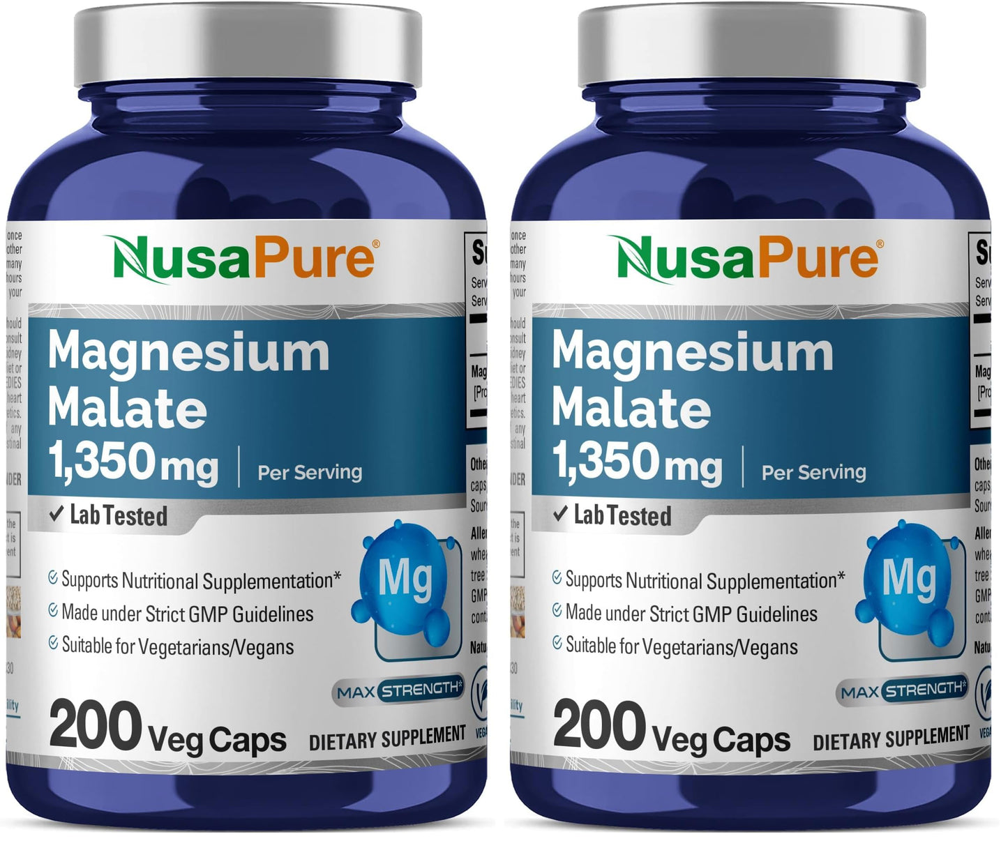 NusaPure Magnesium Malate 1350mg | 200 Veggie Capsules | Vegan Non-GMO Pack of 2