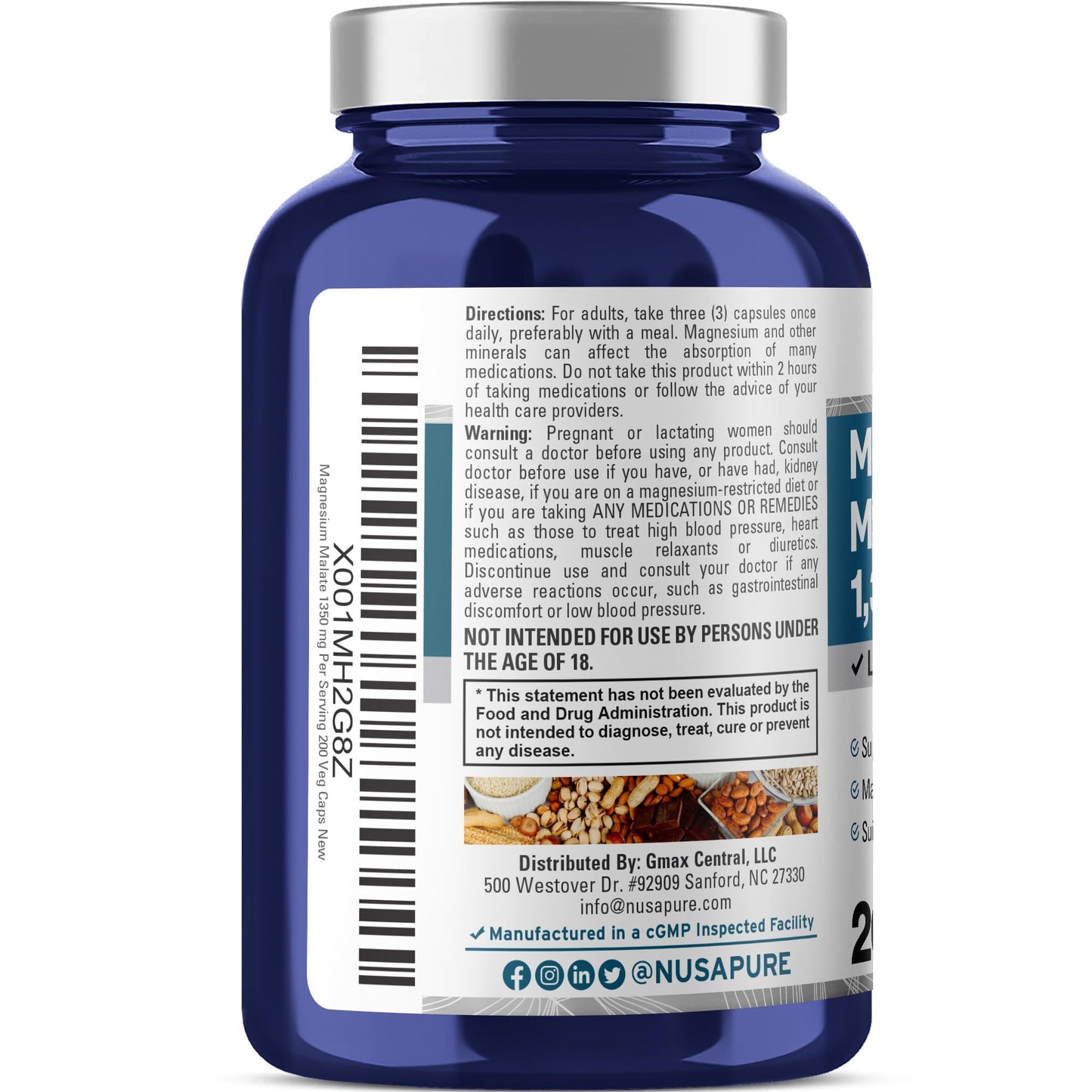 NusaPure Magnesium Malate 1350mg Veggie Capsules – 200 Count | Vegan, Non-GMO