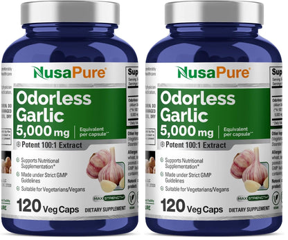 NusaPure Odorless Garlic 100:1 Extract | 50 mg per Capsule (Equivalent to 5,000 mg Garlic) | 120 Veggie Caps | Non-GMO | Pack of 2