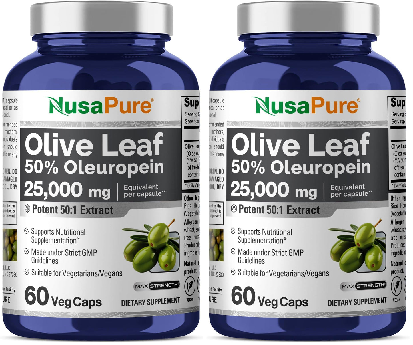 NusaPure Olive Leaf 50:1 Extract – 500 mg per Capsule (Equivalent to 25,000 mg) | 50% Oleuropein, Vegan, No Oil, 60 Capsules (Pack of 2)