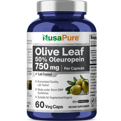 NusaPure Olive Leaf Extract 750 mg - 60 Vegan Capsules | 50% Oleuropein