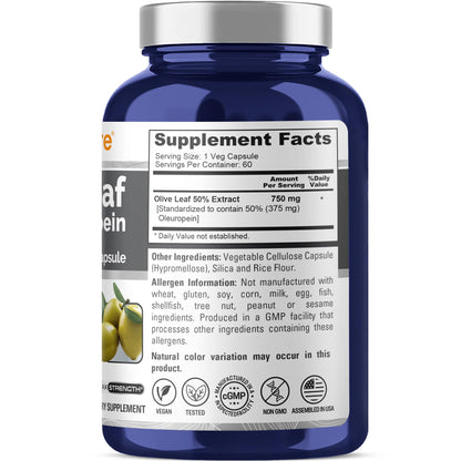 NusaPure Olive Leaf Extract 750 mg - 60 Vegan Capsules | 50% Oleuropein