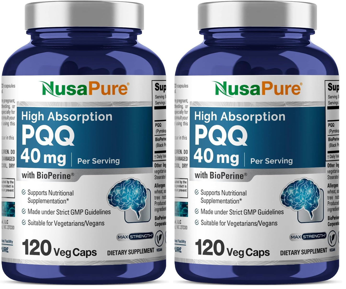 NusaPure PQQ Supplement 40 mg - 120 Veggie Capsules (Non-GMO, Bioperine) Pack of 2