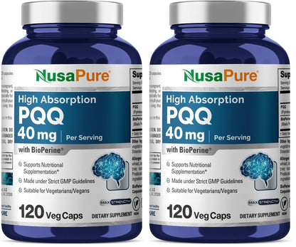 NusaPure PQQ Supplement 40 mg - 120 Veggie Capsules (Non-GMO, Bioperine) Pack of 2