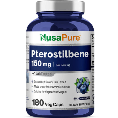 NusaPure Pterostilbene 150mg – 180 Veggie Caps | Non-GMO, Vegan