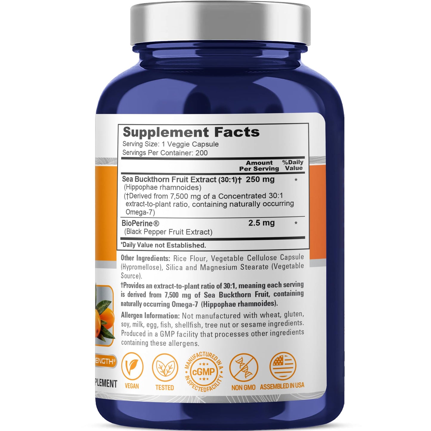 NusaPure Sea Buckthorn Omega-7 30:1 Extract — 250 mg per Veggie Cap, 200 Capsules, Non-GMO & Vegan