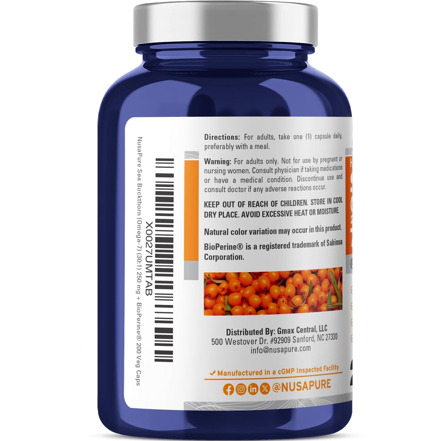 NusaPure Sea Buckthorn Omega-7 30:1 Extract — 250 mg per Veggie Cap, 200 Capsules, Non-GMO & Vegan