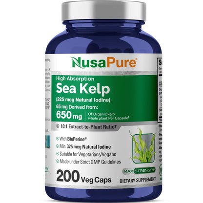 NusaPure Sea Kelp Iodine 325mcg 10:1 Extract - 65 mg (650 mg) Capsule, 200 Count | Non-GMO, Vegan