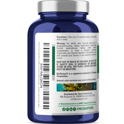 NusaPure Sea Kelp Iodine 325mcg 10:1 Extract - 65 mg (650 mg) Capsule, 200 Count | Non-GMO, Vegan