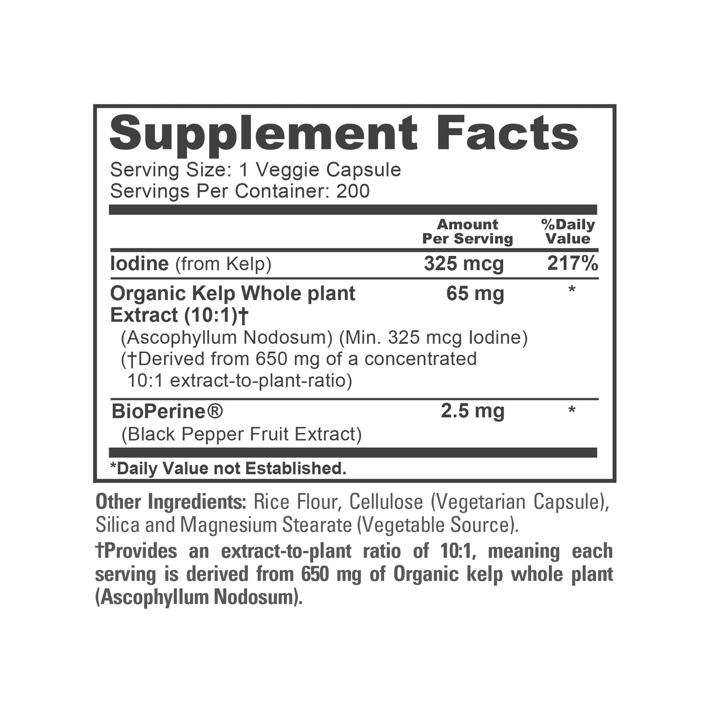 NusaPure Sea Kelp Iodine 325mcg 10:1 Extract - 65 mg (650 mg) Capsule, 200 Count | Non-GMO, Vegan