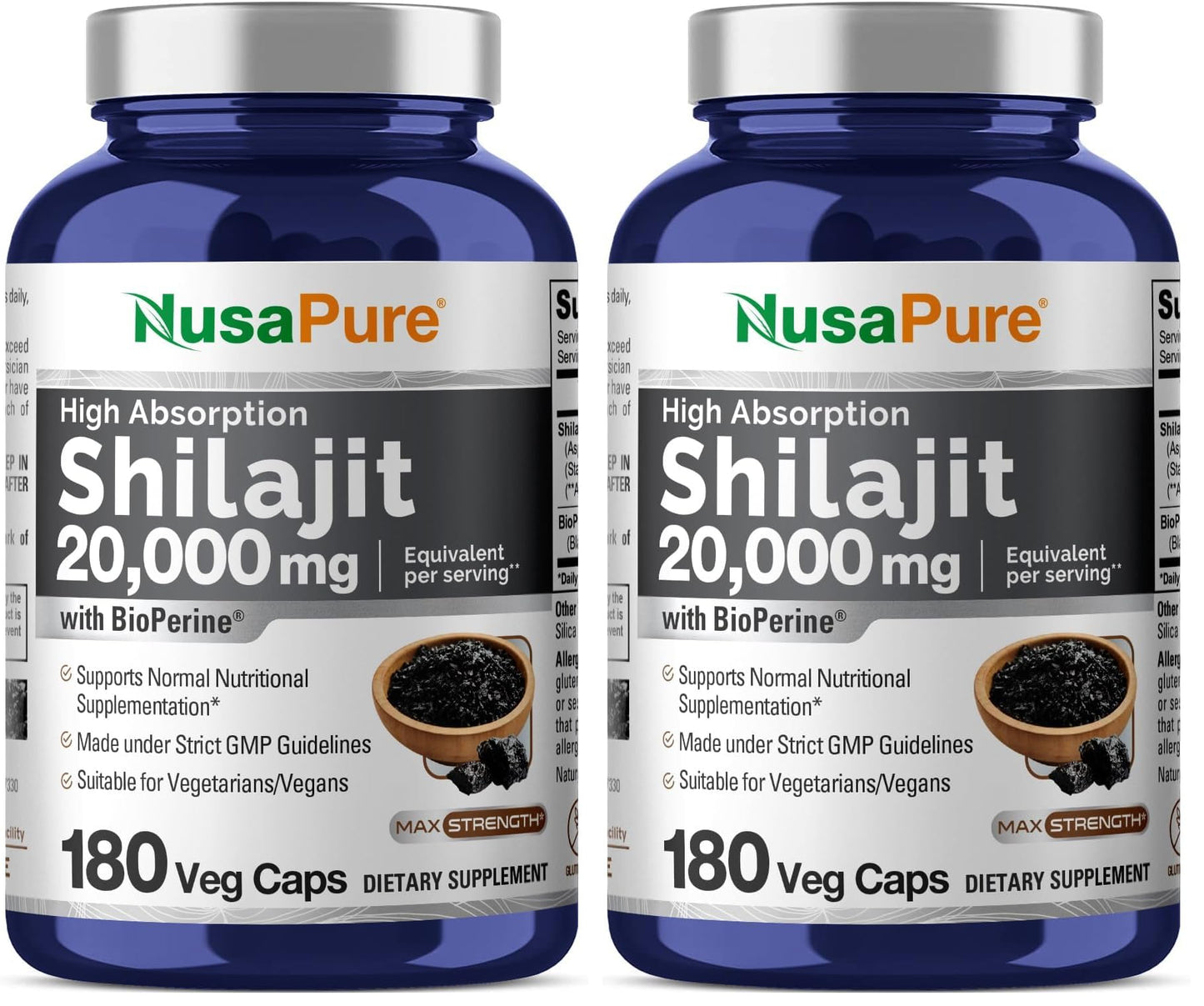 NusaPure Shilajit 20,000mg per Serving – 180 Veggie Caps – Pack of 2 | Non-GMO, Gluten Free, Bioperine