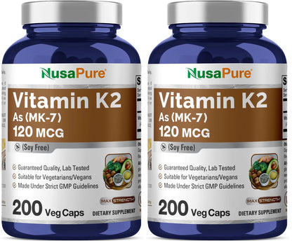 NusaPure Vitamin K2 MK-7 120 mcg – 200 Veggie Caps (Soy Free, Non-GMO, Vegan) Pack of 2 BritishVita | Premium UK Vitamins & Wellness Supplements