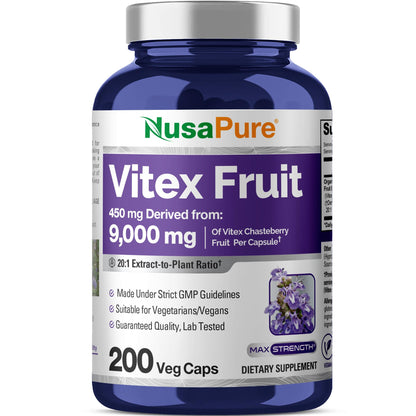 NusaPure Vitex Chasteberry 20:1 Extract — 450 mg per Capsule, 200 Vegan Capsules mythriftymom