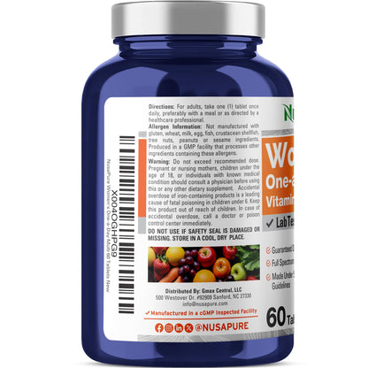 NusaPure Women's One-a-Day Multi Vitamins & Minerals – 60 Tablets, Lab-Tested, Non-GMO
