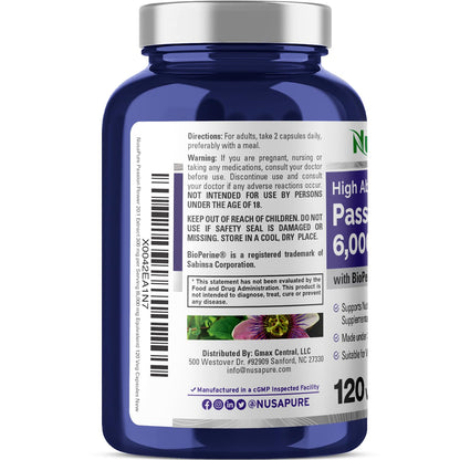 NusaPure Passion Flower 20:1 Extract – 120 Veggie Caps, Non-GMO, Bioperine (Pack of 2)